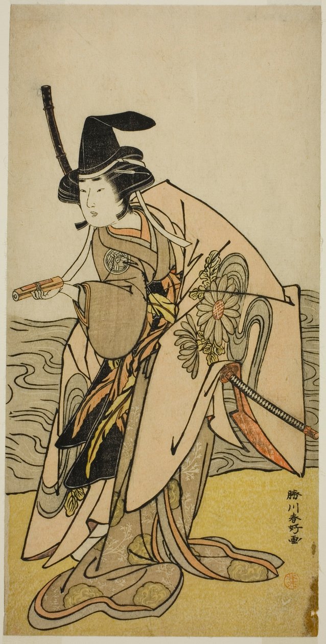 Herec Jamašita Kinsaku II jako paní Kikusui (Kikusui Gozen) ve hře Kaeribana Eiyu Taiheiki, která se hrála v divadle Nakamura v jedenáctém měsíci roku 1779 od Katsukawa Shunkо̄