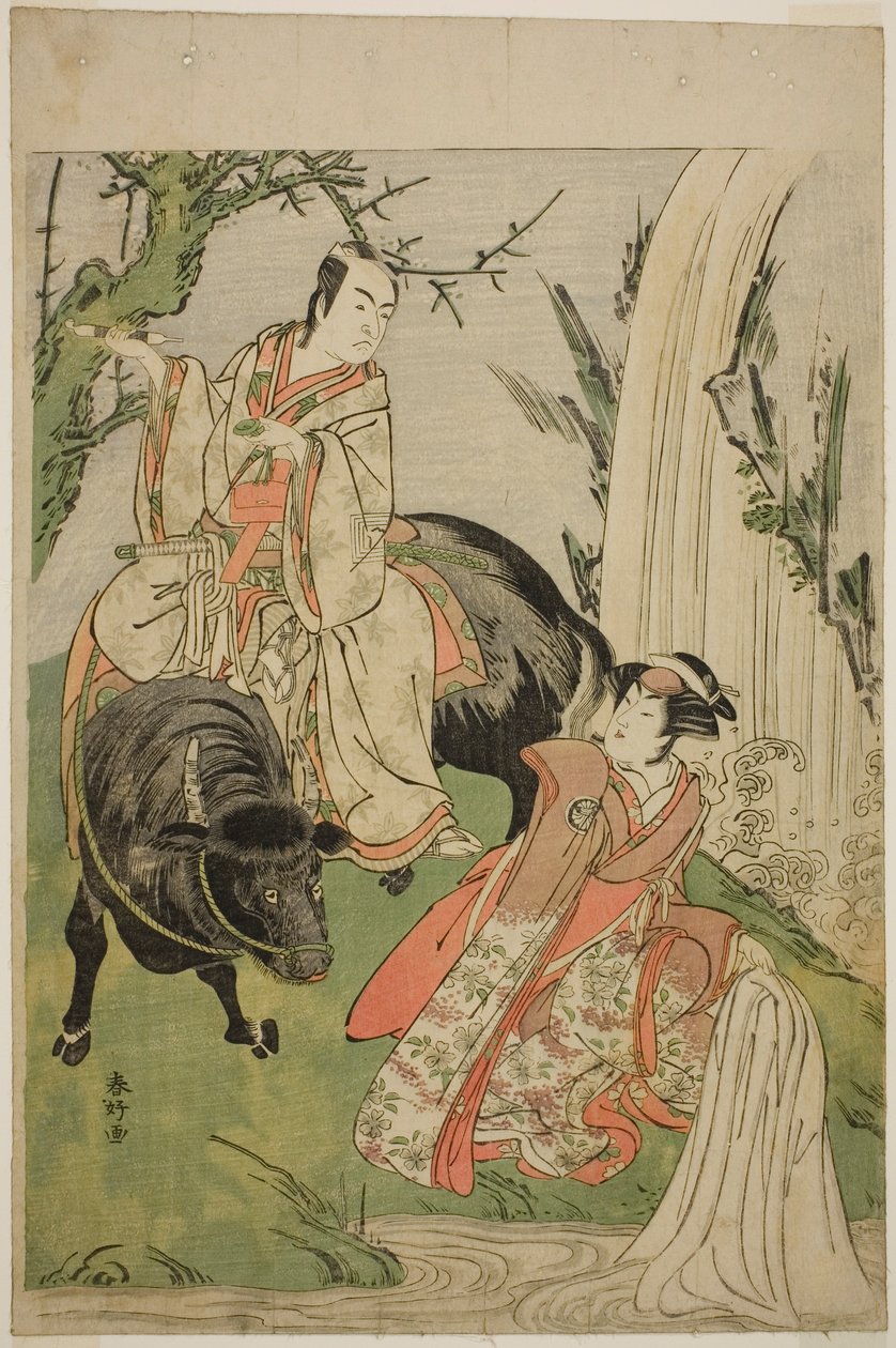 Herci Segawa Kikunojo III jako princezna Hatsune (Hatsune Hime) (vpravo) a Ičikawa Monnosuke II jako Mijukinosuke Jukinari ve hře Otokojama Furisode Gendži, která se hrála v divadle Kiri v jedenáctém měsíci roku 1785. od Katsukawa Shunkо̄