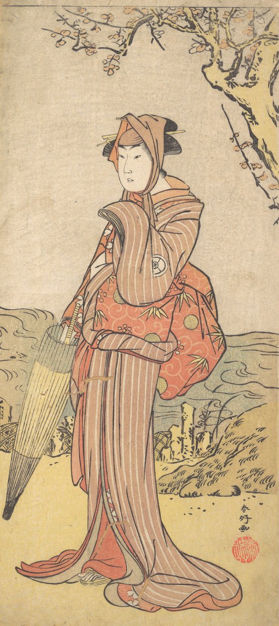 Iwai Kiyotaro jako žena stojící pod švestkou, ca. 1788. od Katsukawa Shunko