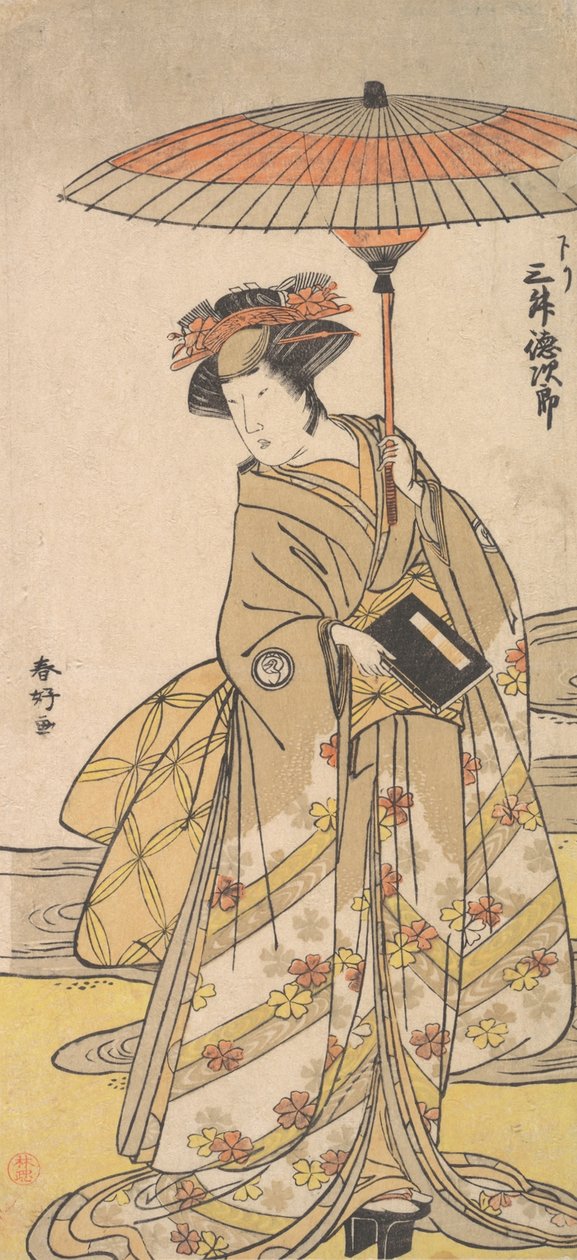 Mimasu Tokujuro jako žena stojící poblíž klikatého potoka, ca. 1780. od Katsukawa Shunko