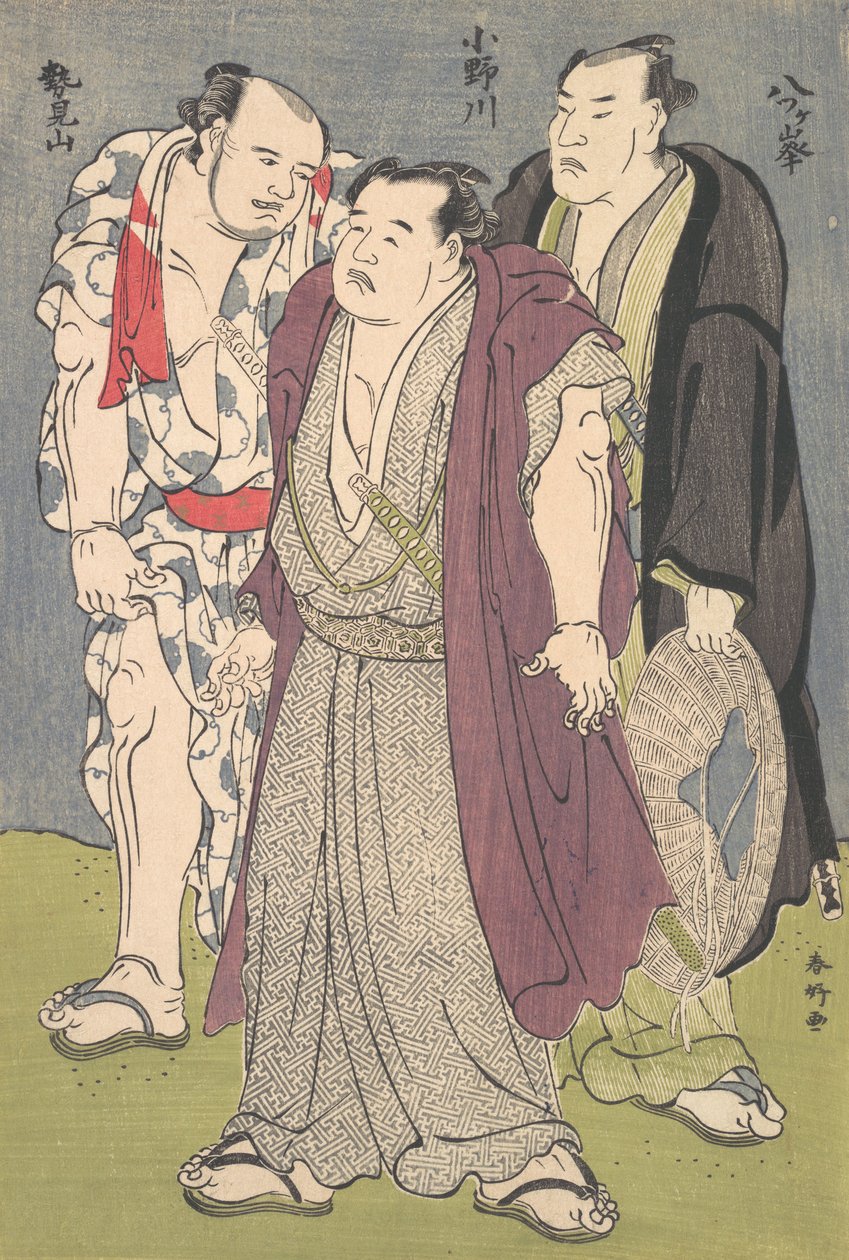 Tři zápasníci sumo: Onogawa, Seimiyama a Yatsugamine, ca. 90. léta 18. století. od Katsukawa Shunko