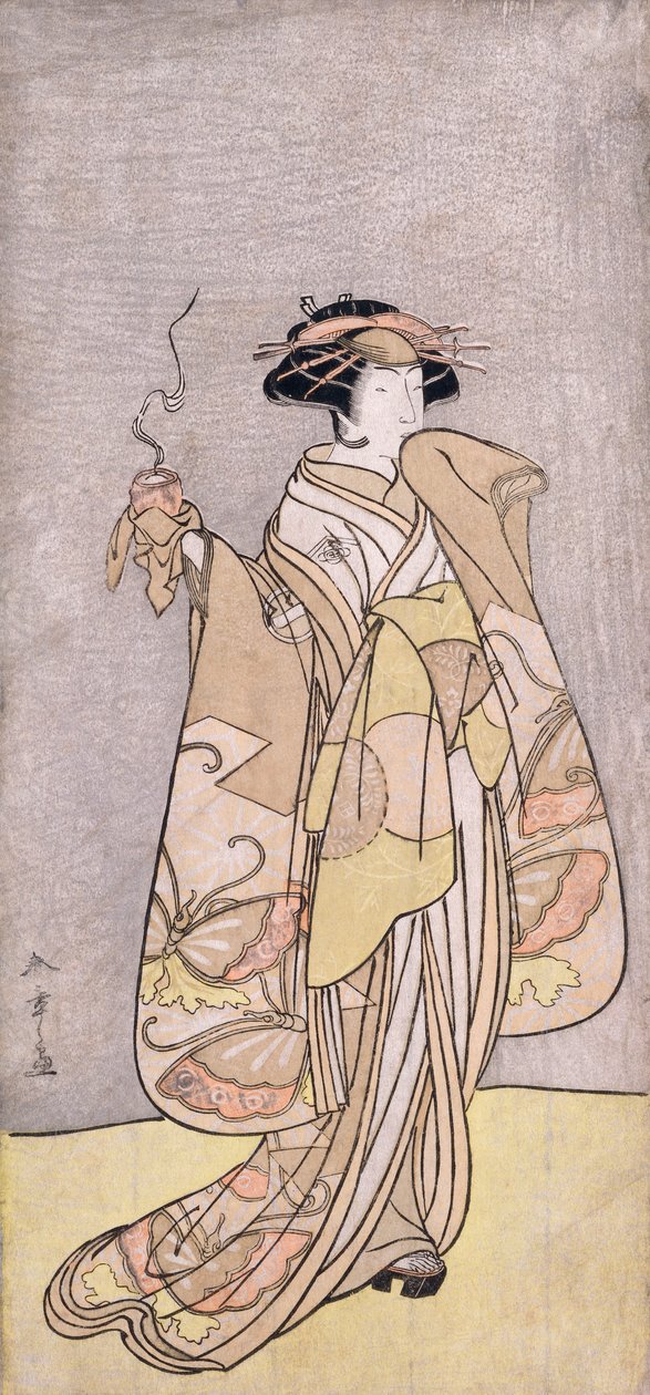 Celovečerní portrét herce Ichikawy Monnosuke II v ženské roli držící kadidelnici (barevný dřevotisk) od Katsukawa Shunsho
