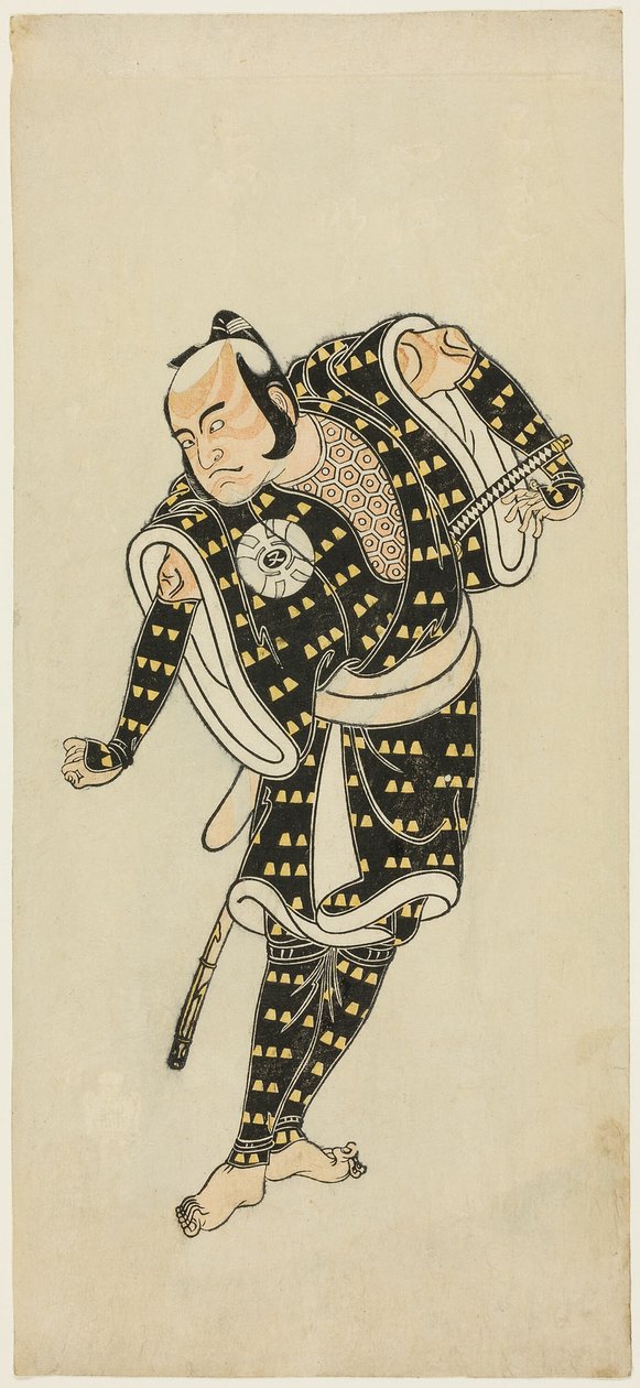 Herec Bandô Matatarô IV jako Gempachibyôe ve filmu "Snowflakes: Plum Blossoms Kaomise" ("Mutsu no hana ume no kaomise") od Katsukawa Shunsho