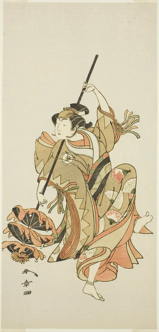 Herec Iwai Hanshiro IV hraje Triple Umbrella Dance ve filmu „Flower of Japan: Ono no Komachi’s Five Characters“ („Kuni no Hana Ono no Itsumoji“) od Katsukawa Shunsho