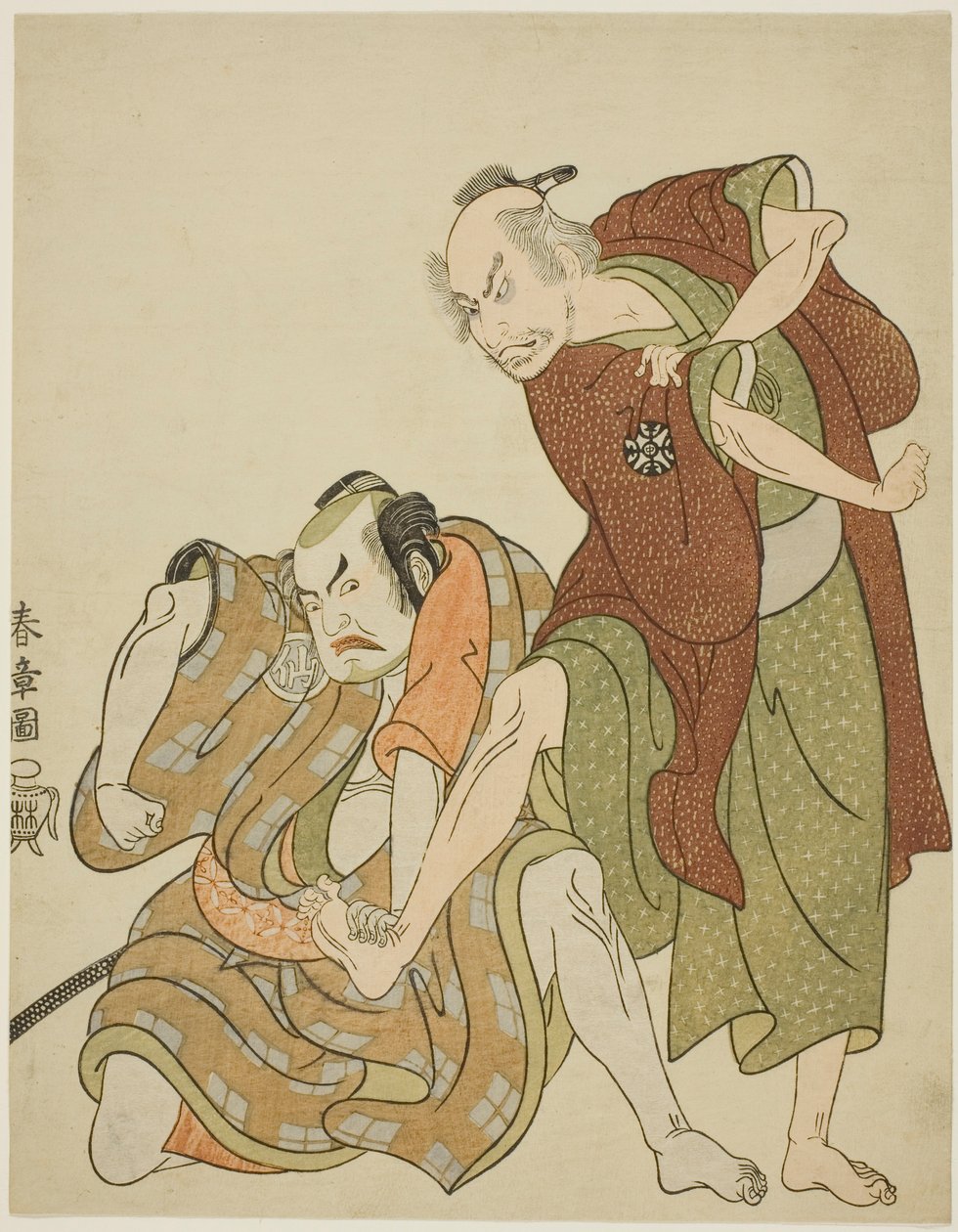 Herci v rolích Giheijiho a jeho zetě Danshichi Kurobei od Katsukawa Shunsho