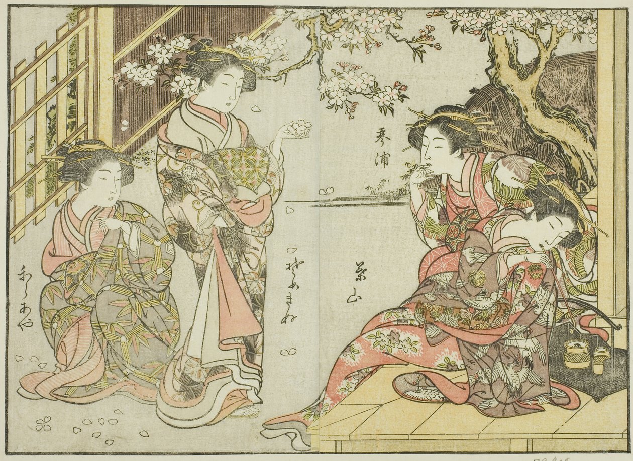 Kurtizány z Asahimaruya, z knihy "Zrcadlo krásných žen ze čtvrtí rozkoše (Seiro bijin awase sugata kagami)," sv. 1 od Katsukawa Shunsho