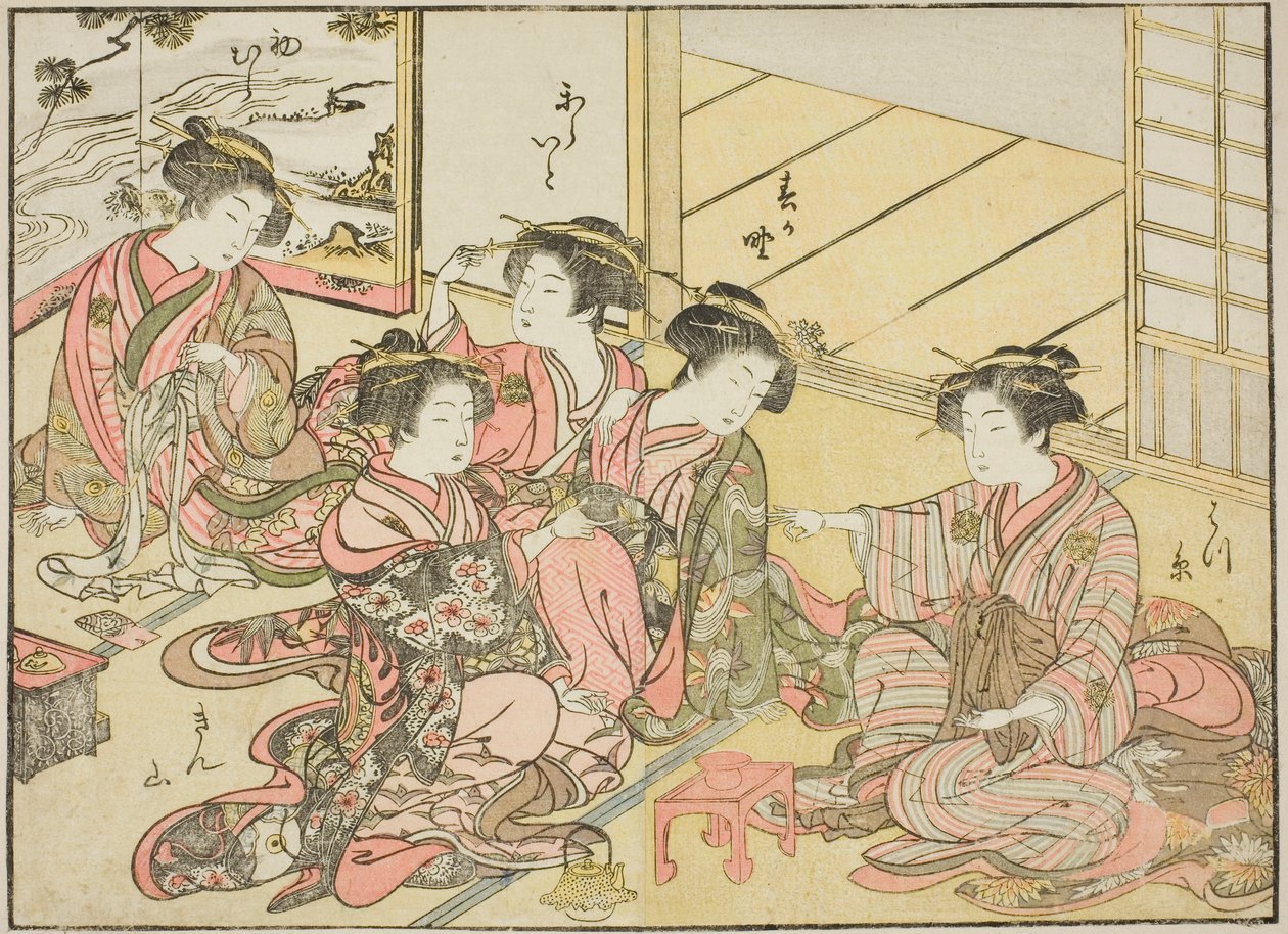 Kurtizány z Gakuiseya, z knihy "Zrcadlo krásných žen z požitkářských čtvrtí (Seiro bijin awase sugata kagami)," sv. 1 od Katsukawa Shunsho