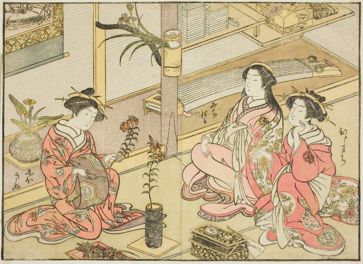 Kurtizány z Kadotsutaya, z knihy "Zrcadlo krásných žen ze čtvrtí rozkoše (Seiro bijin awase sugata kagami)," sv. 1 od Katsukawa Shunsho