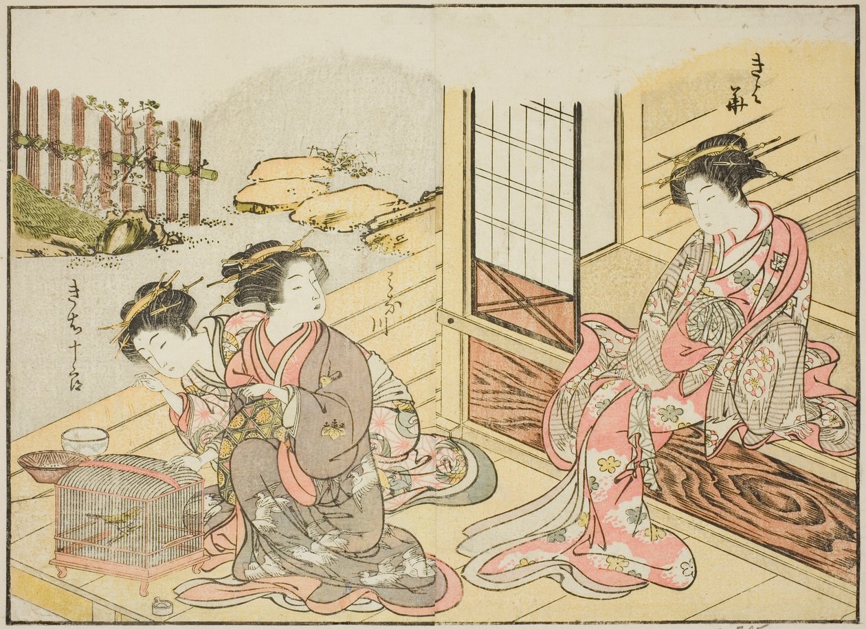 Kurtizány z Kagemanjiya, z knihy "Zrcadlo krásných žen z požitkářských čtvrtí (Seiro bijin awase sugata kagami)," sv. 1 od Katsukawa Shunsho