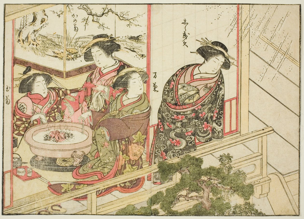 Kurtizány z Kiribishiya, z knihy "Zrcadlo krásných žen z požitkářských čtvrtí (Seiro bijin awase sugata kagami)," sv. 2 od Katsukawa Shunsho