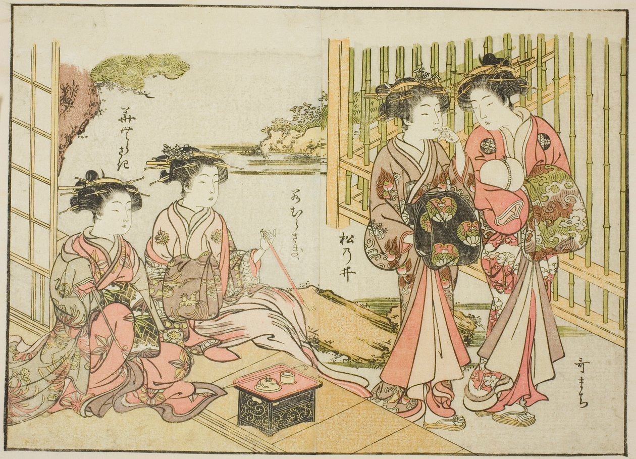 Kurtizány z Matsubaya, z knihy "Zrcadlo krásných žen ze čtvrtí rozkoše (Seiro bijin awase sugata kagami), sv. 1 od Katsukawa Shunsho