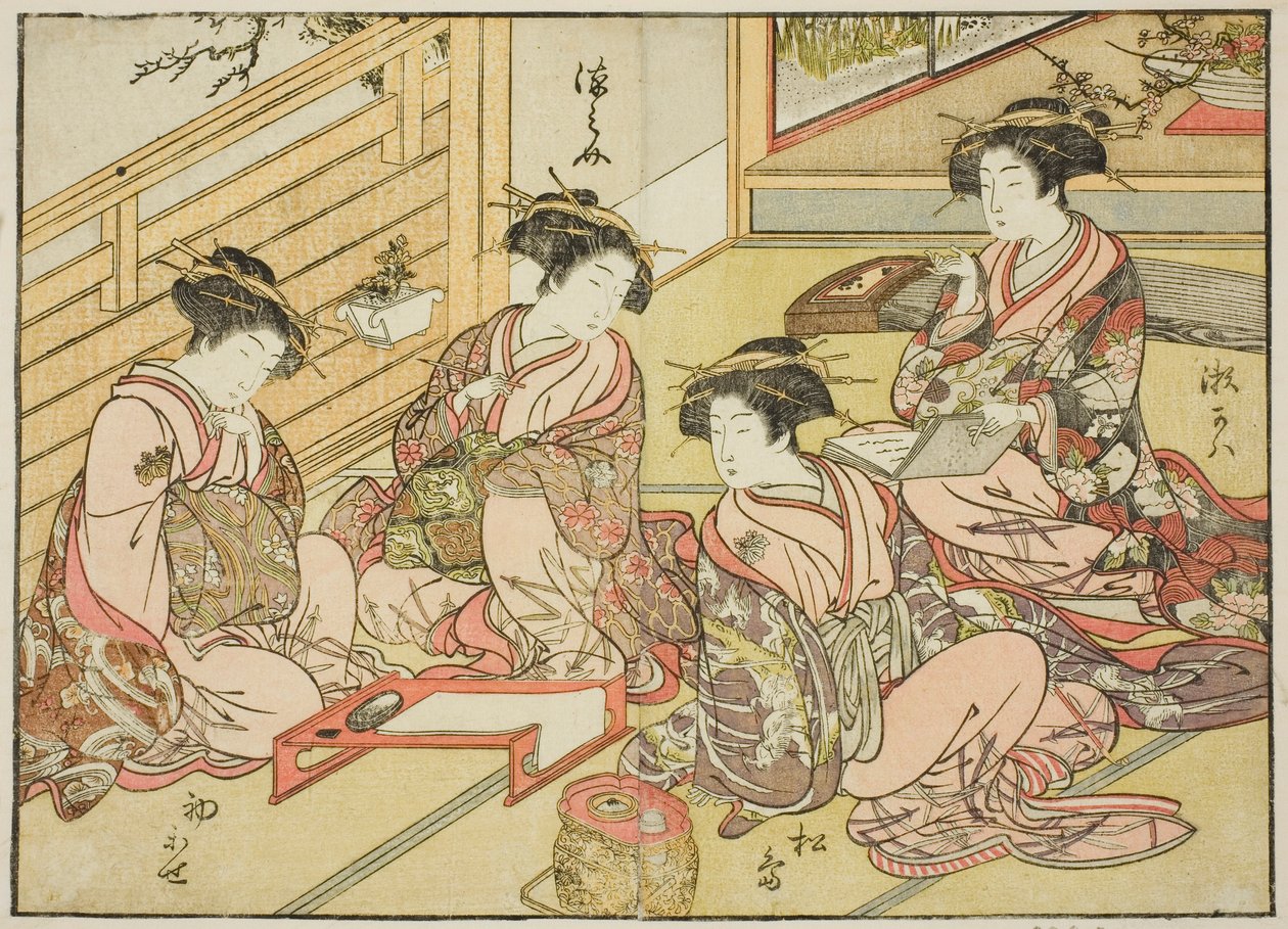 Kurtizány z Matsubaya, z knihy "Zrcadlo krásných žen ze čtvrtí rozkoše (Seiro bijin awase sugata kagami), sv. 1 od Katsukawa Shunsho