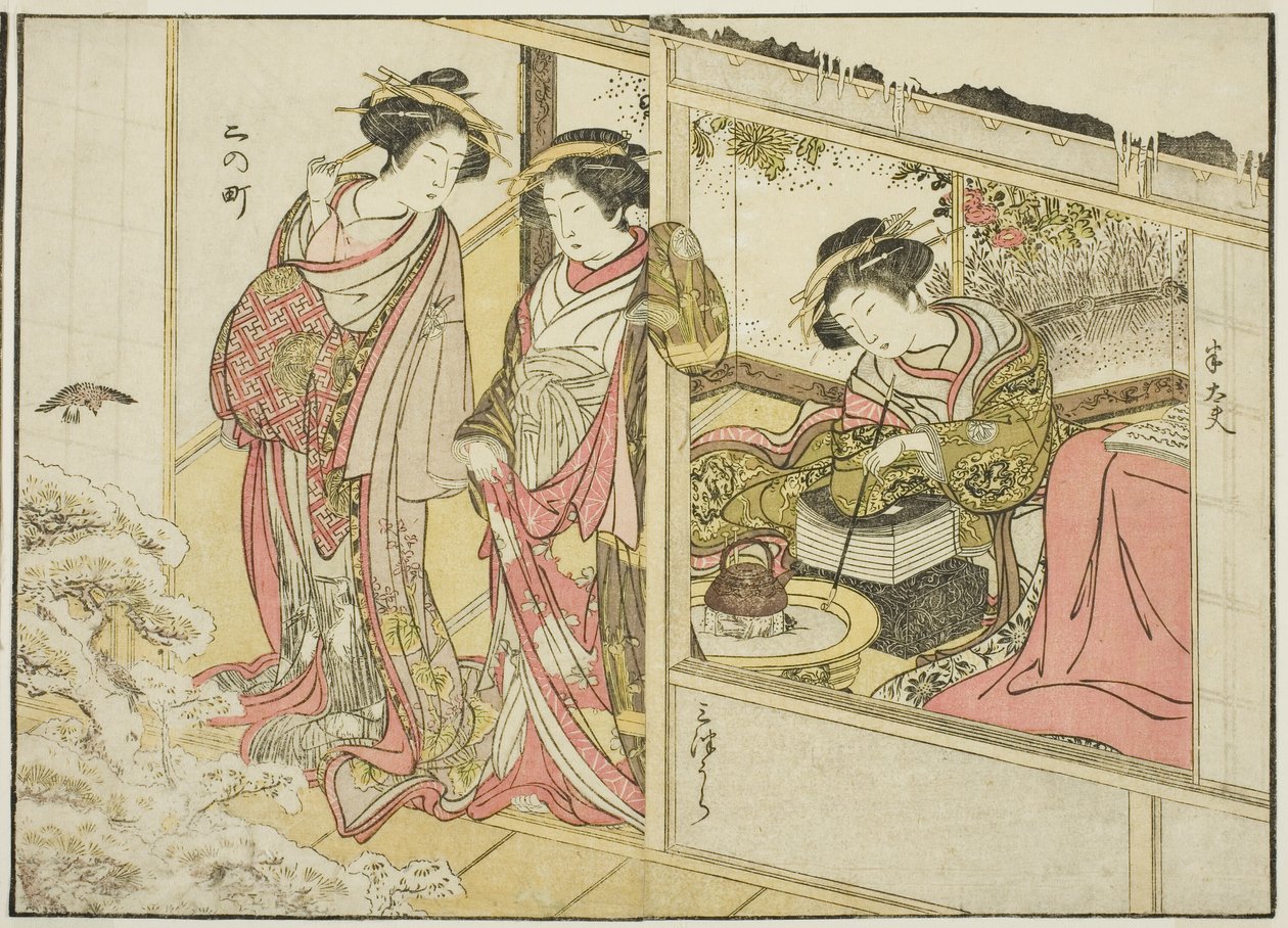 Kurtizány z Nakaomiya, z knihy "Zrcadlo krásných žen z požitkářských čtvrtí (Seiro bijin awase sugata kagami), sv. 2 od Katsukawa Shunsho