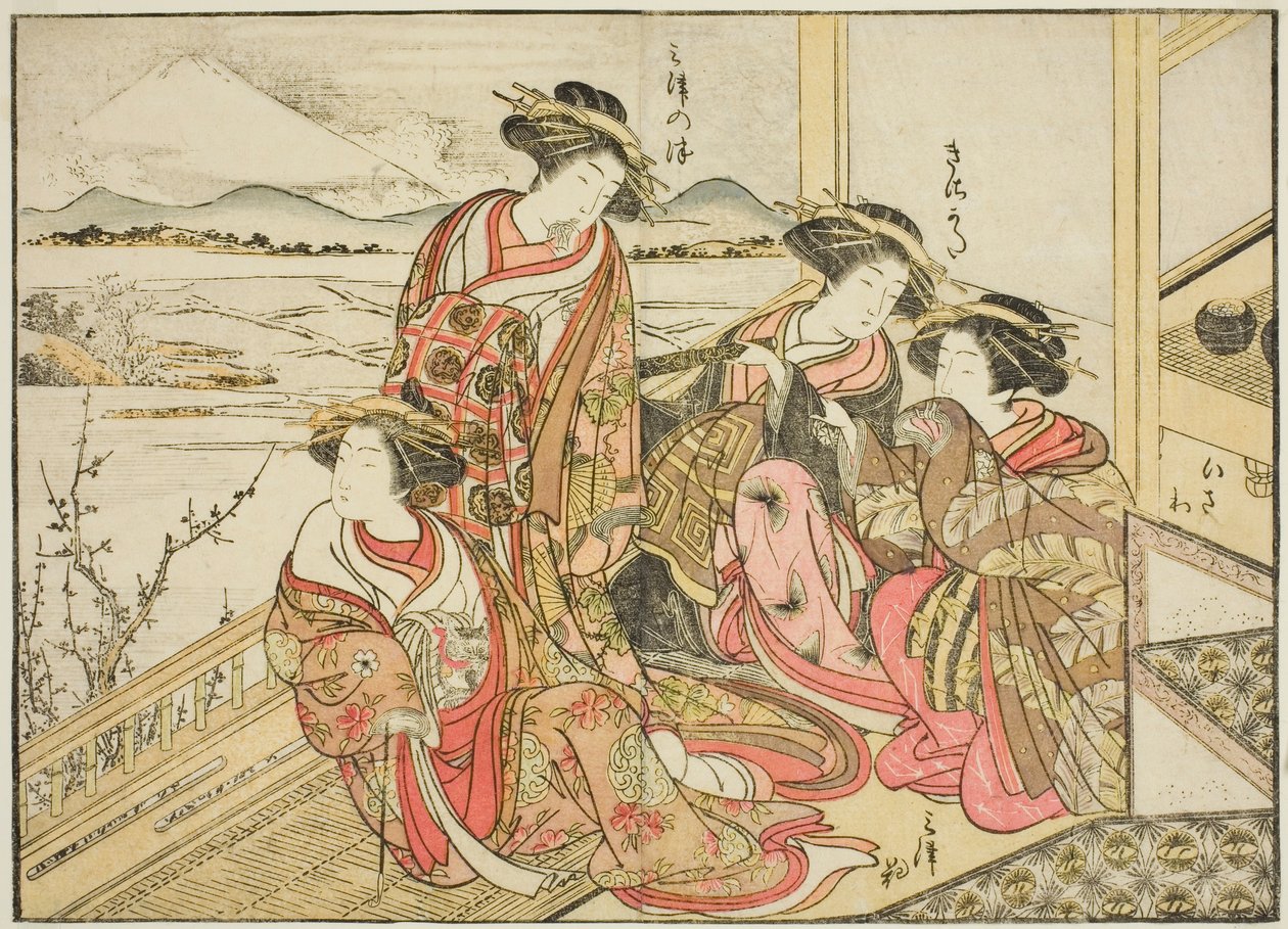 Kurtizány z Obishiya, z knihy "Zrcadlo krásných žen z požitkářských čtvrtí (Seiro bijin awase sugata kagami), sv. 2 od Katsukawa Shunsho