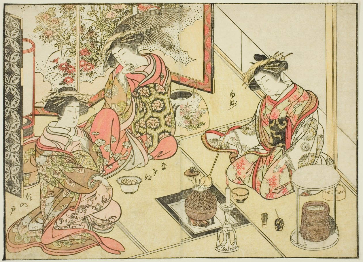Kurtizány z Okaneya, z knihy "Zrcadlo krásných žen ze čtvrtí rozkoše (Seiro bijin awase sugata kagami)," sv. 2 od Katsukawa Shunsho