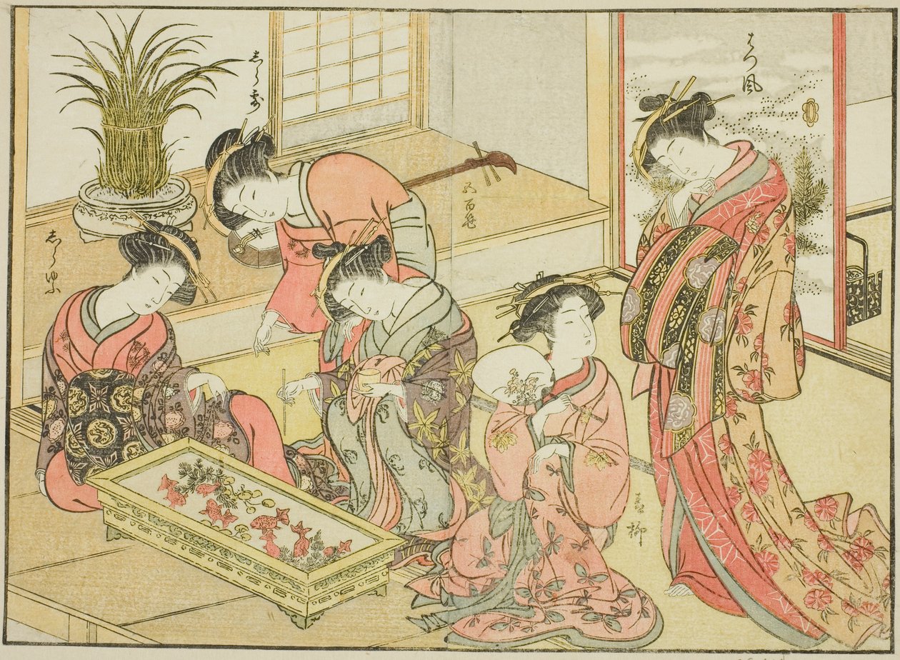 Kurtizány z Wakanaya, z knihy „Zrcadlo krásných žen z požitkářských čtvrtí (Seiro bijin awase sugata kagami), sv. 1 od Katsukawa Shunsho