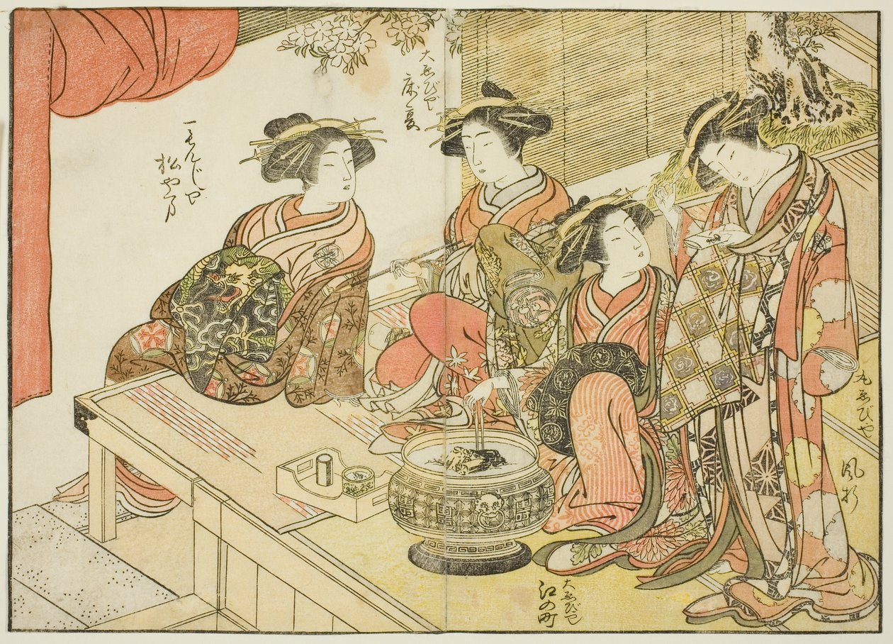 Čtyři kurtizány různých domů, z knihy „Zrcadlo krásných žen z požitkářských čtvrtí (Seiro bijin awase sugata kagami), sv. 3 od Katsukawa Shunsho