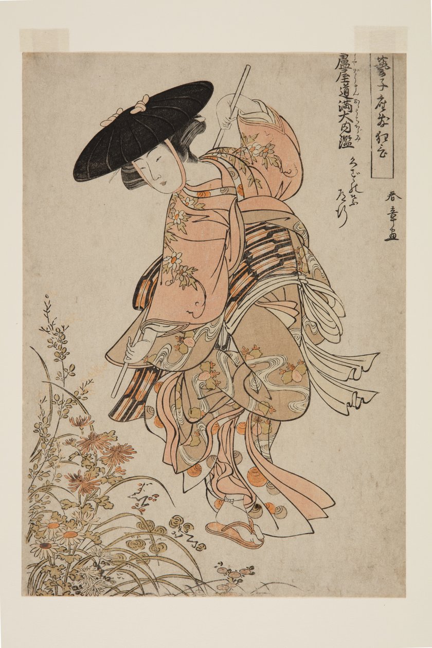Geiko Playing Ashiya D?man ?uchi Kagami (barevný dřevotisk) od Katsukawa Shunsho