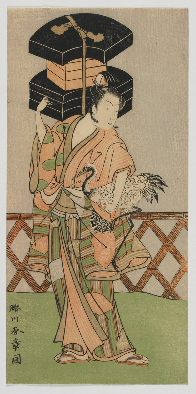 Kabuki herec Nakamura Noshio jako prodejce fanoušků, období Edo, polovina 70. let 18. století (barevný dřevořez) od Katsukawa Shunsho