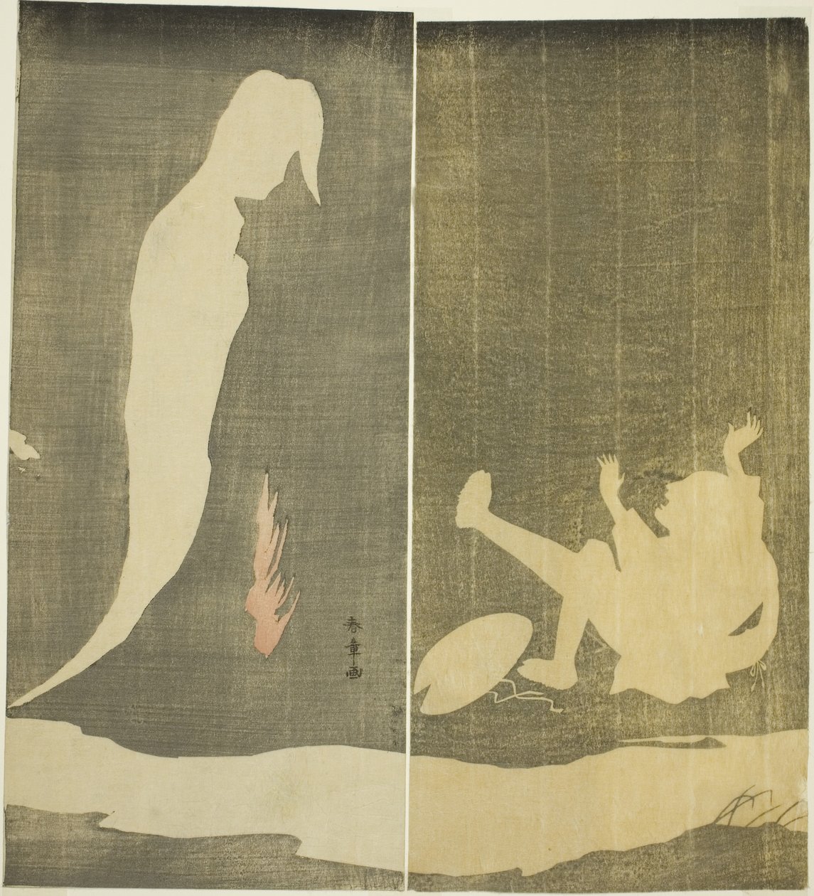 Muž padající dozadu, vyděšený duchem ženy nad řekou, asi 1782 (barevný dřevoryt; hosobanský diptych) od Katsukawa Shunsho