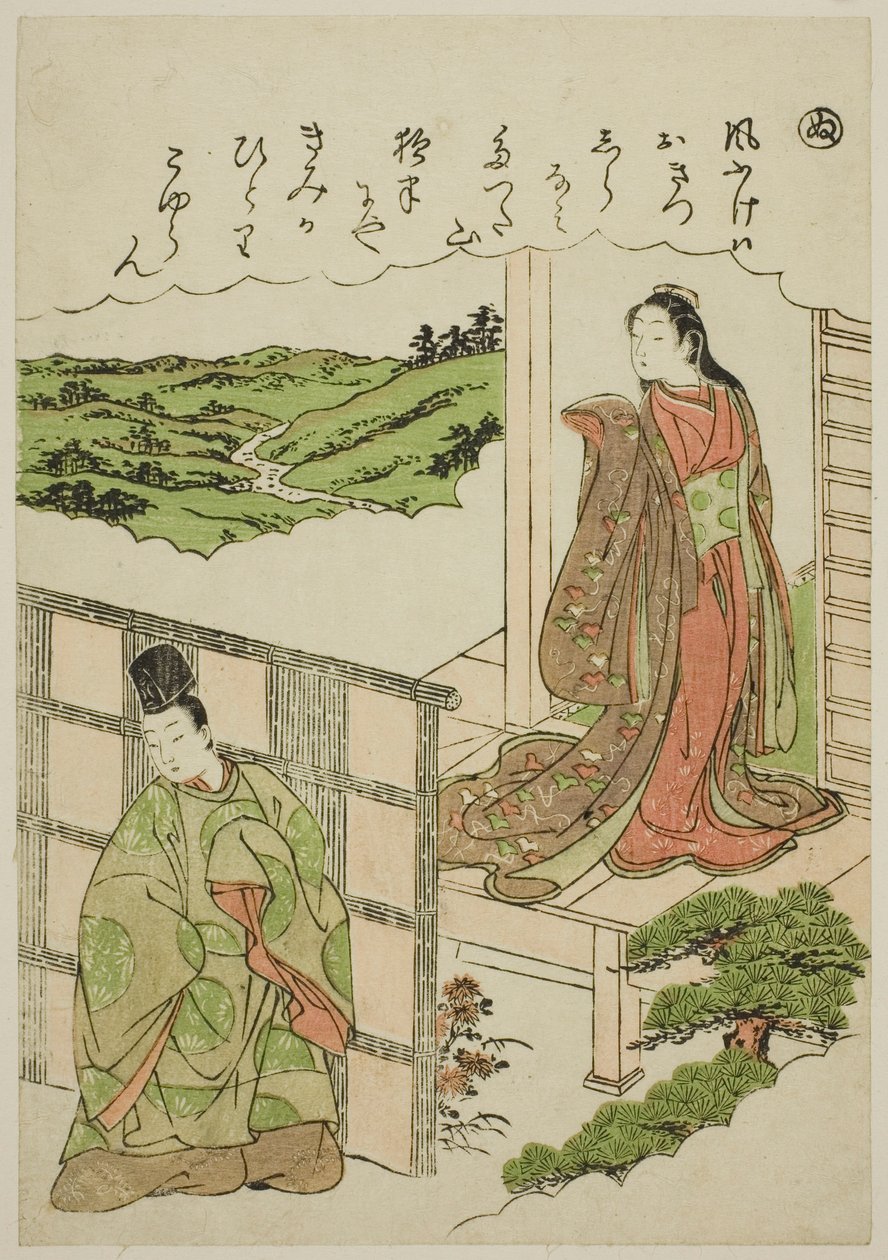 "Nu": Crossing Tatsuta, ze série "Tales of Ise v módních brokátových obrázcích (Furyu nishiki-e Ise monogatari)" od Katsukawa Shunsho