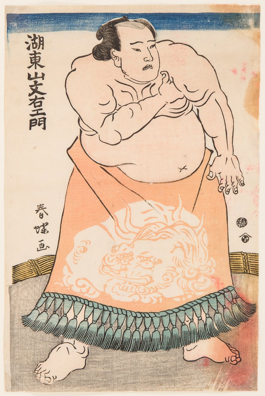 Portrét zápasníka sumo Kotozan s rituální zástěrou. Tisk Shunsho, Katsukawa (1726-1793), kolem roku 1775 - Zápasník Kotozan v zástěře (kesho-mawashi), od Shunsho, Katsukawa (1726-1793). Barevný dřevoryt, cca 1775. Rozměr: 34,5x22,5 cm. od Katsukawa Shunsho