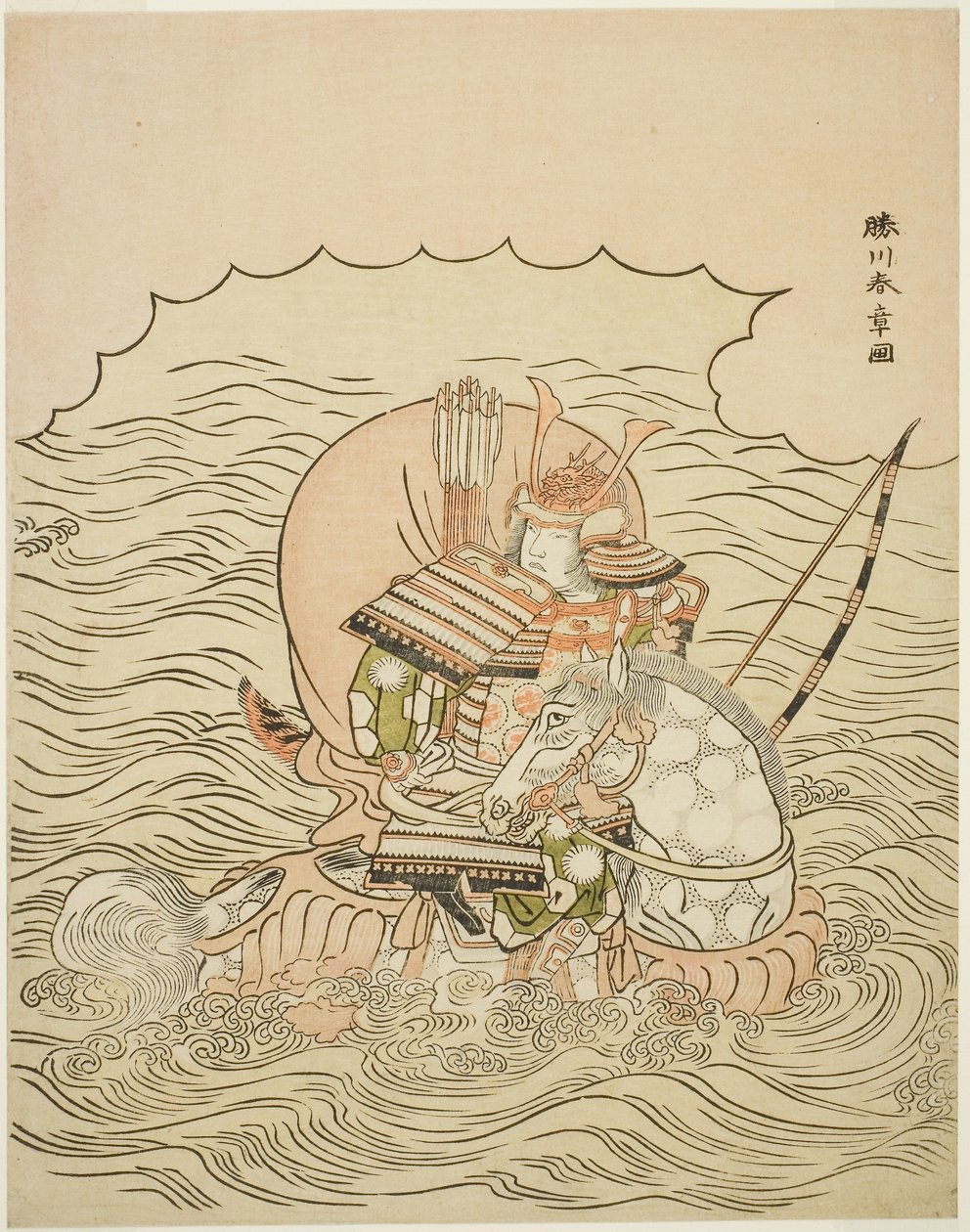 Taira no Atsumori Jízda na koni do moře, kolem 1770 (barevný dřevořez; chuban) od Katsukawa Shunsho