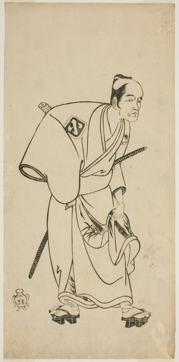 Herec Arashi Otohachi I jako Hotei Ichiemon ve hře Ayatsuri Kabuki Ogi, hrál v divadle Nakamura v sedmém měsíci, 1768 od Katsukawa Shunsho