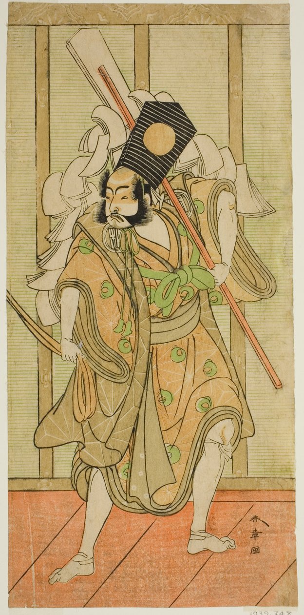 Herec Arashi Sangoro II jako Asahina Saburo ve hře Iro Maki-e Soga no Sakazuki, hrál v divadle Morita v prvním měsíci, 1773 od Katsukawa Shunsho