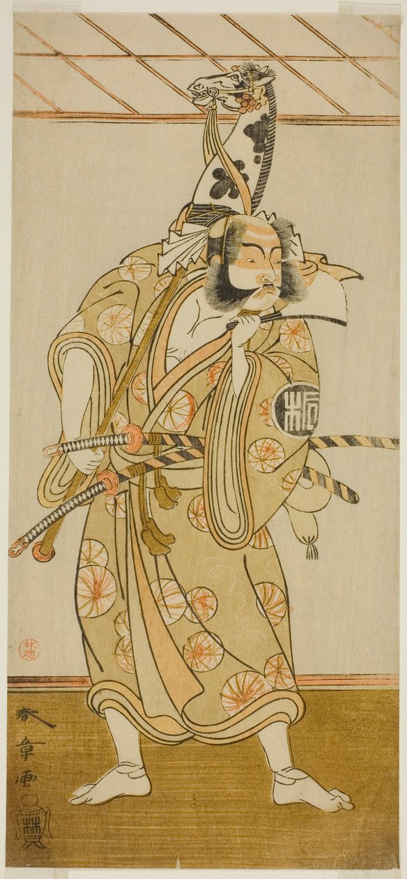 Herec Arashi Sangoro II jako Asahina Saburo ve hře Iro Maki-e Soga no Sakazuki, hrál v divadle Morita v prvním měsíci, 1773 od Katsukawa Shunsho