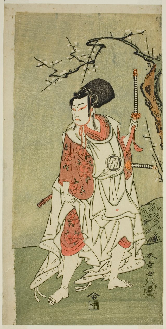 Herec Arashi Sangoro II jako Sakura-maru ve hře Sugawara Denju Tenarai Kagami, hrál v divadle Ichimura v prvním měsíci, 1772 od Katsukawa Shunsho