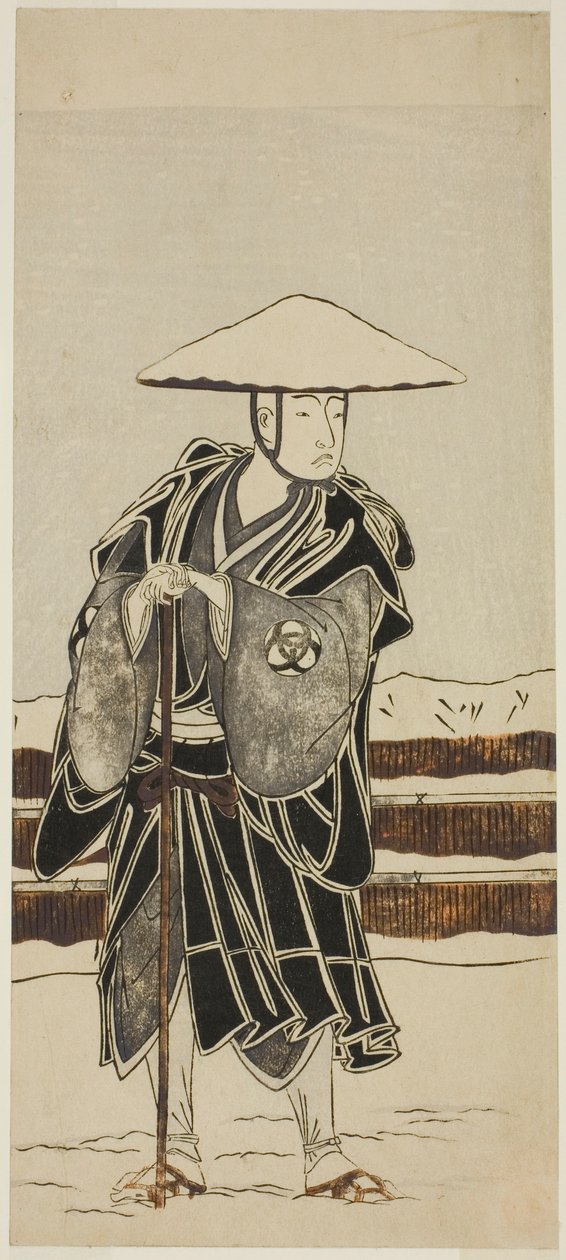 Herec Bando Mitsugoro I jako opat Saimyo-ji Tokiyori, převlečený za mnicha, v Joruri "Onna Hachi no Ki" (ženská verze "The Potted Trees") z druhé části hry Onna Aruji Hatsuyuki no Sekai (A Žena jako mistr: Svět prvního sněhu) od Katsukawa Shunsho