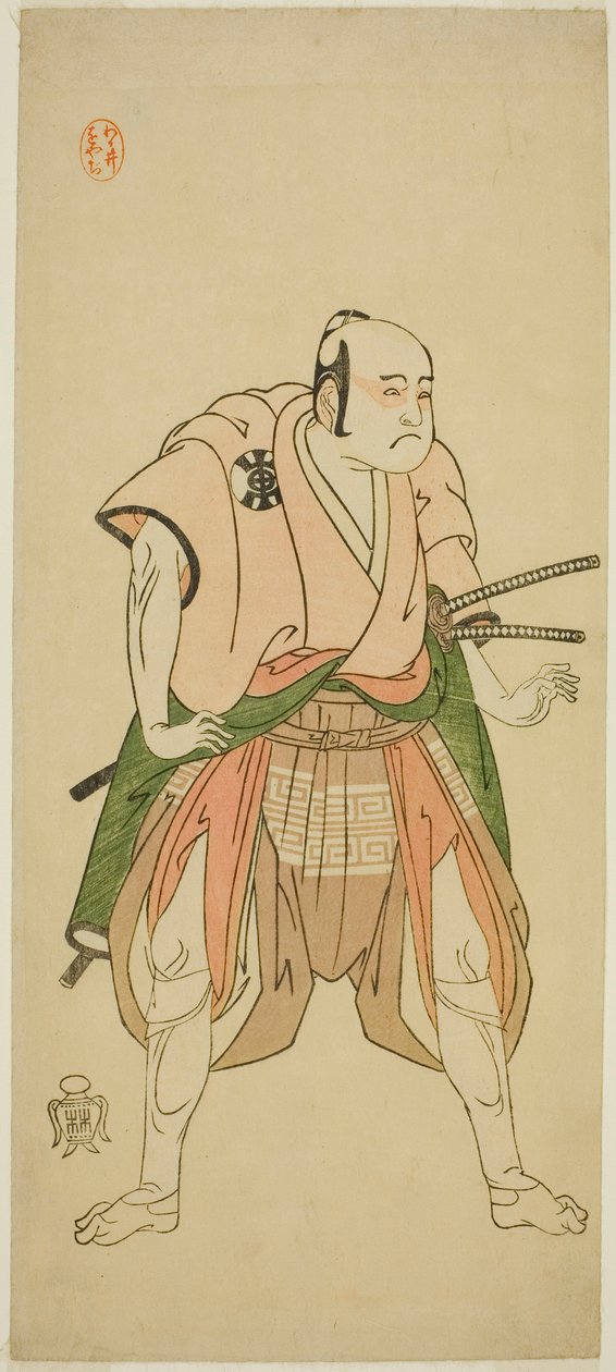 Herec Bando Sampachi I jako Yawata no Saburo (?) ve hře Shuen Soga Omugaeshi (?), hrál v divadle Ichimura (?) ve druhém měsíci, 1768 (?) od Katsukawa Shunsho