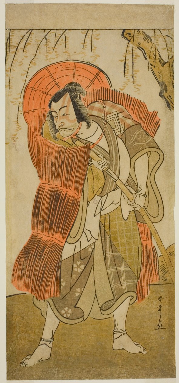 Herec Ichikawa Danjuro V jako Akushichibyoe Kagekiyo převlečený za žebráka, ve hře Tsukisenu Haru Hagoromo Soga, hrál v divadle Ichimura ve třetím měsíci, 1777 od Katsukawa Shunsho