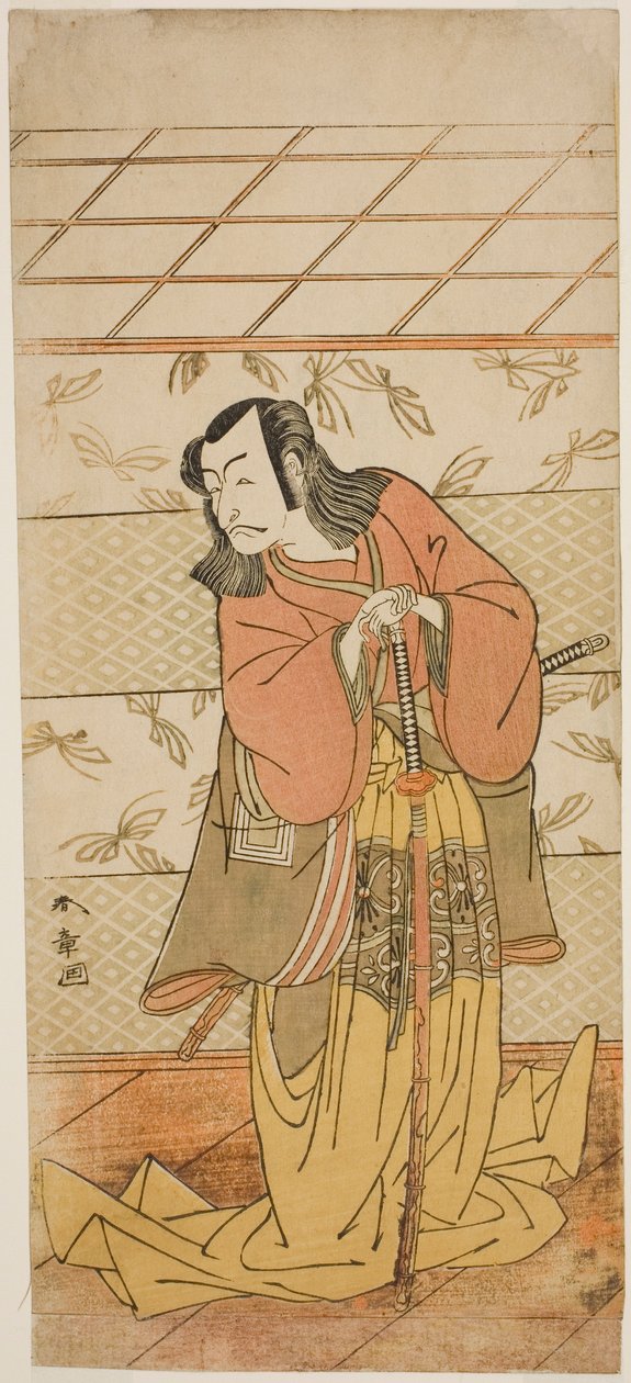 Herec Ichikawa Danjuro V jako Ashiya Doman ve hře Kikyo-zome Onna Urakata, hrál v divadle Morita v sedmém měsíci, 1776 od Katsukawa Shunsho