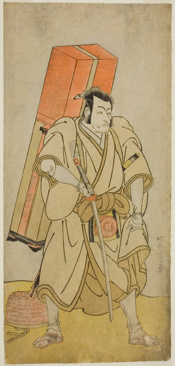 Herec Ichikawa Danjuro V jako Godai Saburo Masazumi v přestrojení za Rokuju-rokubu ve hře Sugata no Hana Yuki no Kuronushi, hrál v divadle Ichimura v jedenáctém měsíci, 1776 od Katsukawa Shunsho