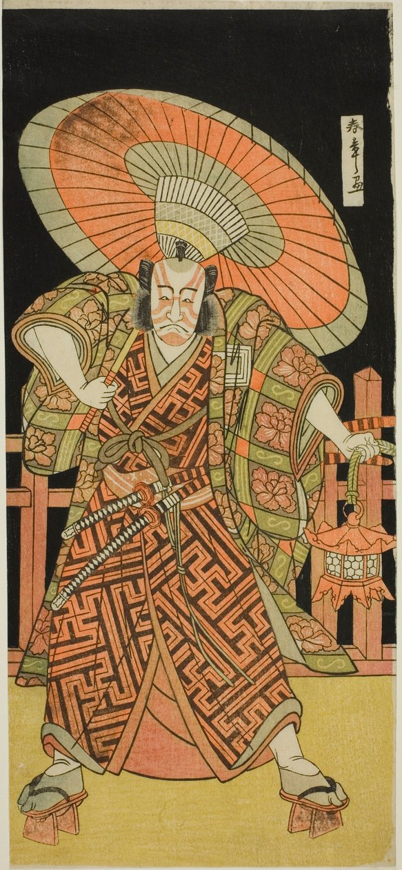Herec Ichikawa Danjuro V jako Kazusa no Gorobei Tadamitsu ve hře Kitekaeru Nishiki no Wakayaka, hrál v divadle Nakamura v jedenáctém měsíci, 1780 od Katsukawa Shunsho