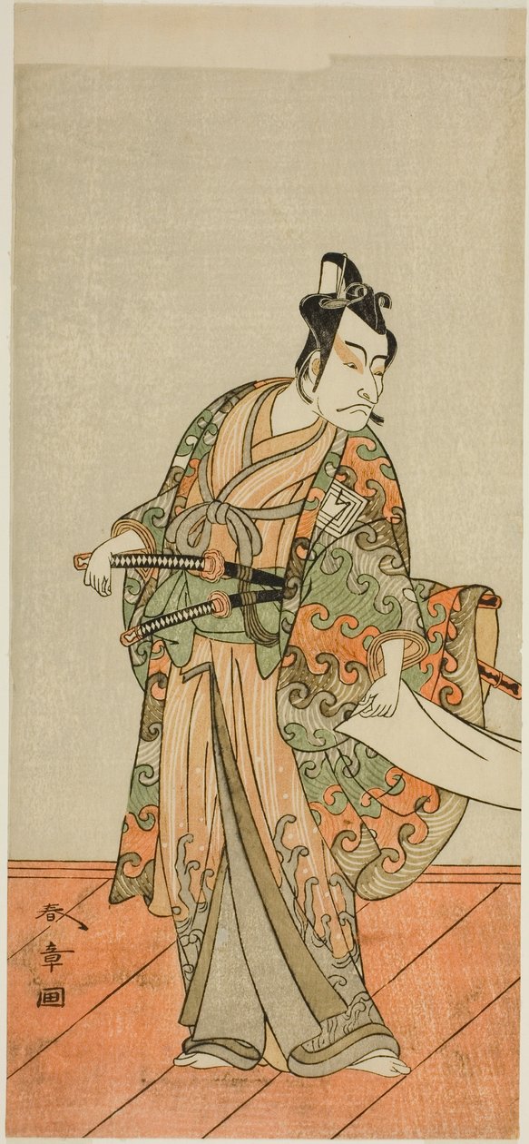 Herec Ichikawa Danjuro V jako Kudo Kanaishi (?) ve hře Izu-goyomi Shibai no Ganjitsu (?), hrál v divadle Morita (?) v jedenáctém měsíci, 1772 (?) od Katsukawa Shunsho