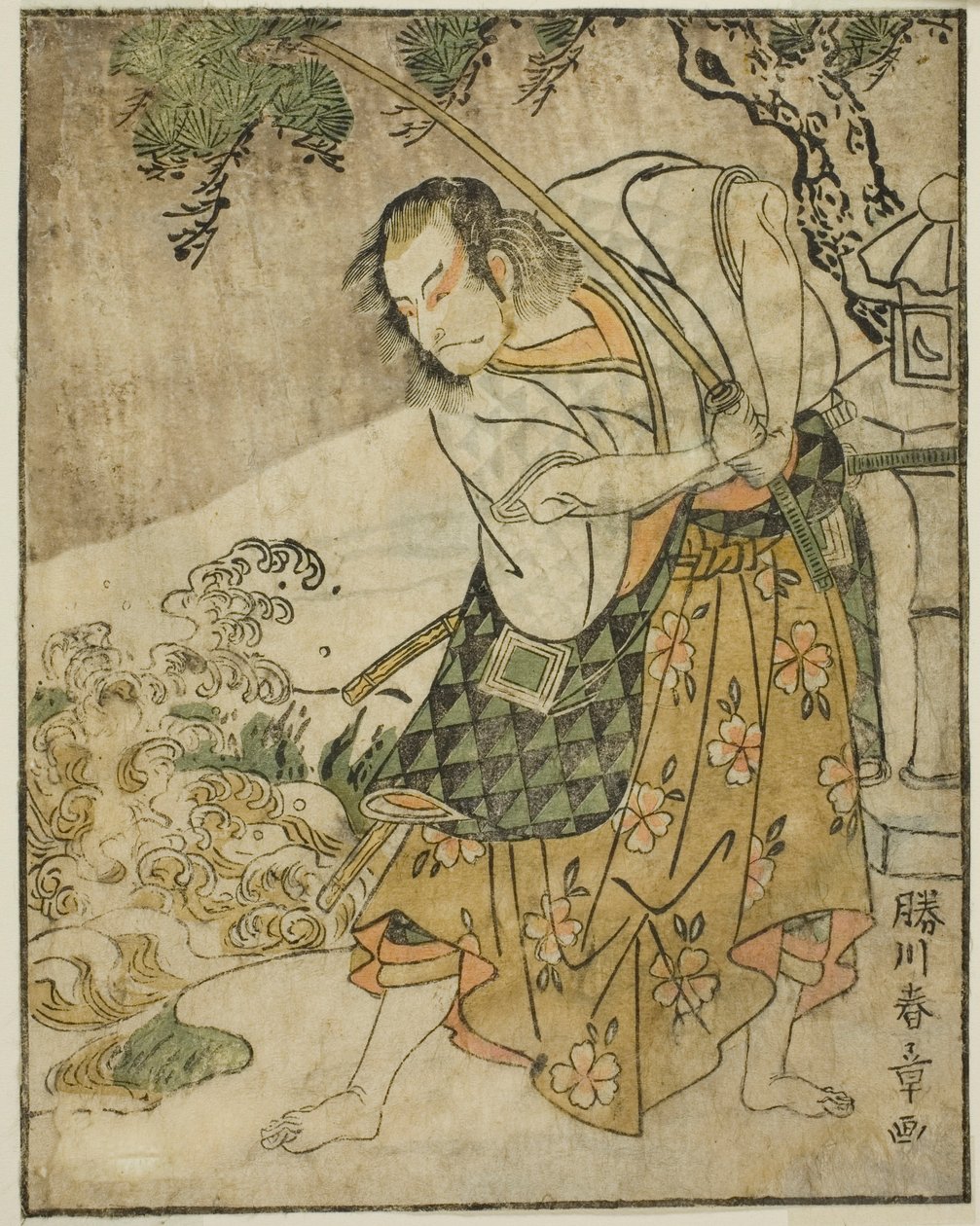 Herec Ichikawa Danjuro V jako Ogata no Sabura (?) v Play Nue no Mori Ichiyo no Mato, hrál v divadle Nakamura v jedenáctém měsíci, 1770 od Katsukawa Shunsho