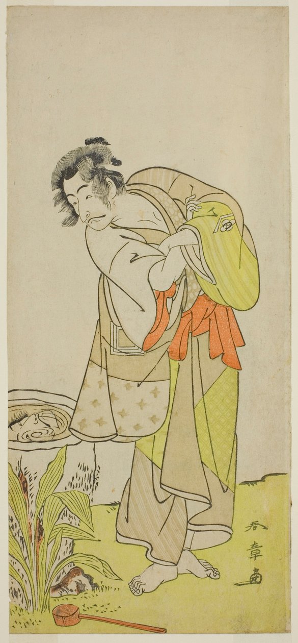 Herec Ichikawa Danjuro V jako Soga no Dozaburo (?) ve hře Shida Yuzuriha Horai Soga (?), hrál v divadle Morita (?) v prvním měsíci, 1775 (?) od Katsukawa Shunsho