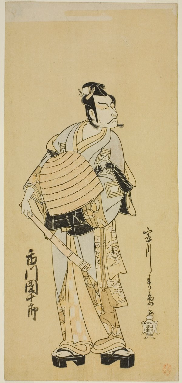 Herec Ichikawa Danjuro V jako Soga no Goro převlečený za Komuso ve hře Sakai-cho Soga Nendaiki, hrané v divadle Nakamura v prvním měsíci, 1771 od Katsukawa Shunsho