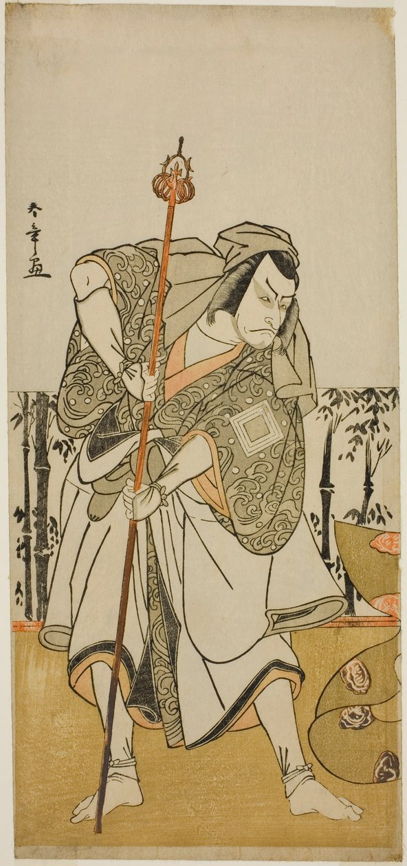 Herec Ichikawa Danjuro versus Taira no Masakado převlečený za poutníka Junjo ve hře Masakado Kammuri no Hatsuyuki, uvedené v divadle Nakamura v jedenáctém měsíci, od Katsukawa Shunsho