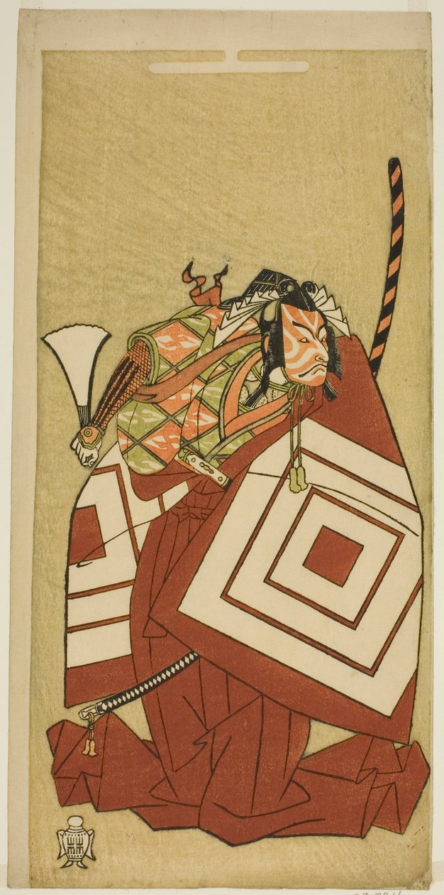 Herec Ichikawa Danjuro V jako Watanabe Kiou Takiguchi ve hře Nue no Mori Ichiyo no Mato, hrál v divadle Nakamura v jedenáctém měsíci, 1770 od Katsukawa Shunsho