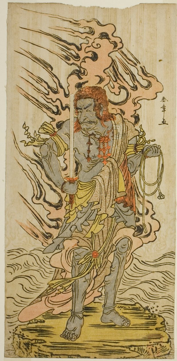 Herec Ichikawa Danjuro V jako kamenný obraz Fudo Myoo ve hře Kitekaeru Nishiki no Wakayaka, hrál v divadle Nakamura v jedenáctém měsíci, 1780 od Katsukawa Shunsho