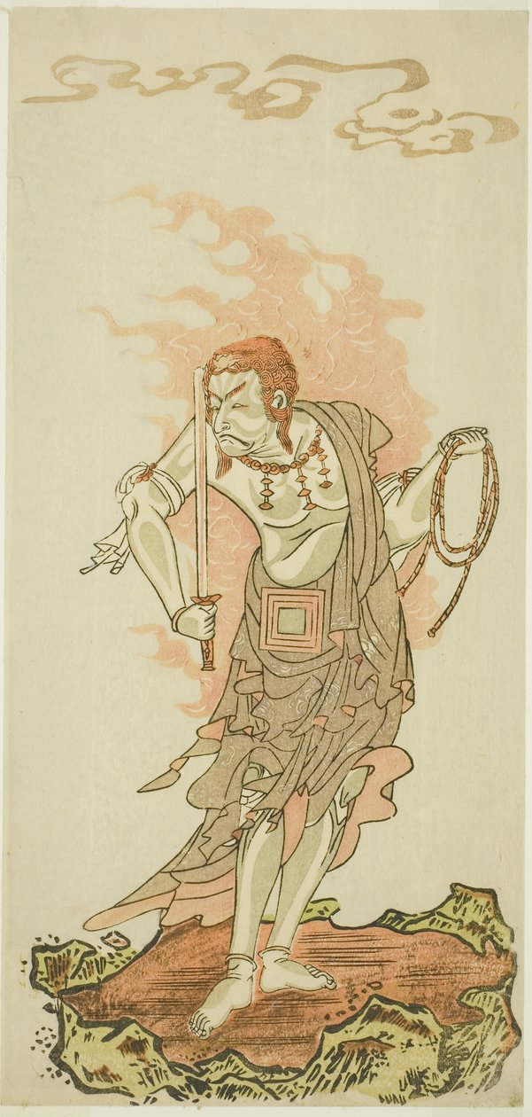 Herec Ichikawa Danjuro V jako buddhistické božstvo Fudo v závěrečné scéně z první části hry Fuki Kaete Tsuki mo Yoshiwara (Znovutašená střecha: Měsíc svítí také nad oblastí potěšení Yoshiwara), uvedeno v divadle Morita od 1. od Katsukawa Shunsho