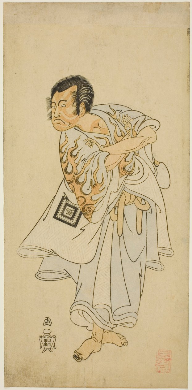 Herec Ichikawa Danzo III jako svatý poustevník Narukami ve hře „Narukami“, hrál s „Miyakodori Azuma Komachi (Pták hlavního města: Komachi východu)“ v divadle Morita ve třetím měsíci, 1768 od Katsukawa Shunsho