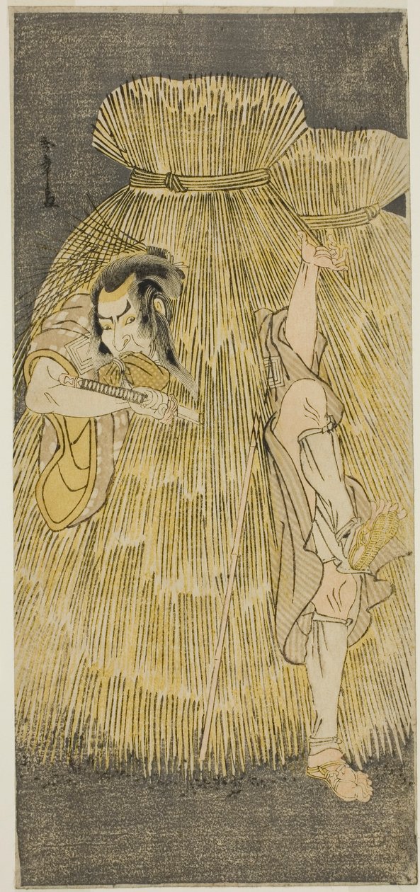 Herec Ichikawa Danzo IV Rychlá změna mezi rolemi Sadakuro a Yoichibei, ve hře Kanadehon Chushingura, hrál v divadle Morita ve třetím měsíci, 1781 od Katsukawa Shunsho