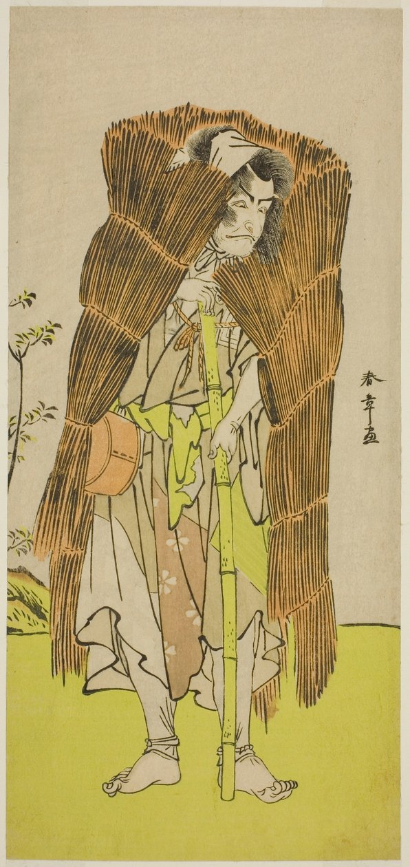 Herec Ichikawa Ebizo III jako Akushichibyoe Kagekiyo převlečený za žebráka ve hře Kamuri Kotoba Soga no Yukari, hrál v divadle Ichimura v prvním měsíci, 1776 od Katsukawa Shunsho