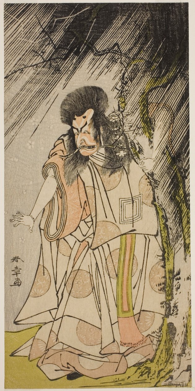 Herec Ichikawa Ebizo III jako bůh hromu, inkarnace Sugawara Michizane, ve hře Sugawara Denju Tenarai Kagami, hrál v divadle Ichimura v osmém měsíci, 1776 od Katsukawa Shunsho