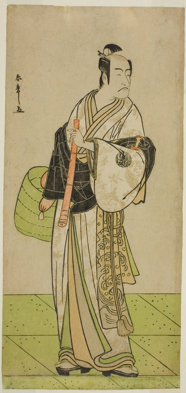 Herec Ichikawa Ebizo jako Kudo Suketsune převlečený za Komuso ve hře Waka Murasaki Edokko Soga, hrál v divadle Ichimura v prvním měsíci, 1792 od Katsukawa Shunsho
